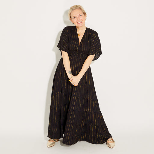 Black & Gold Metallic Stripe Kaftan Dress