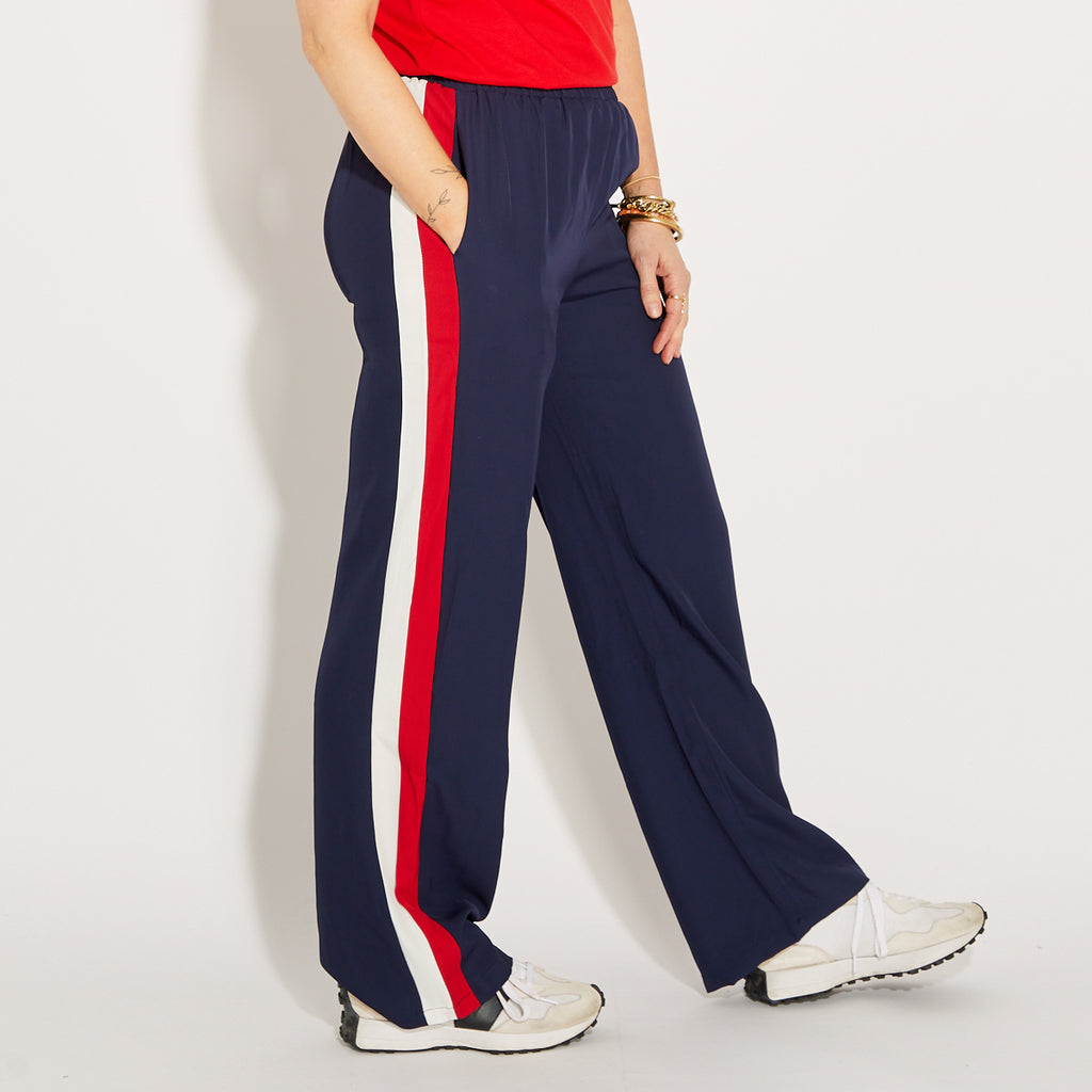 Navy Wide Leg Double Stripe Trousers