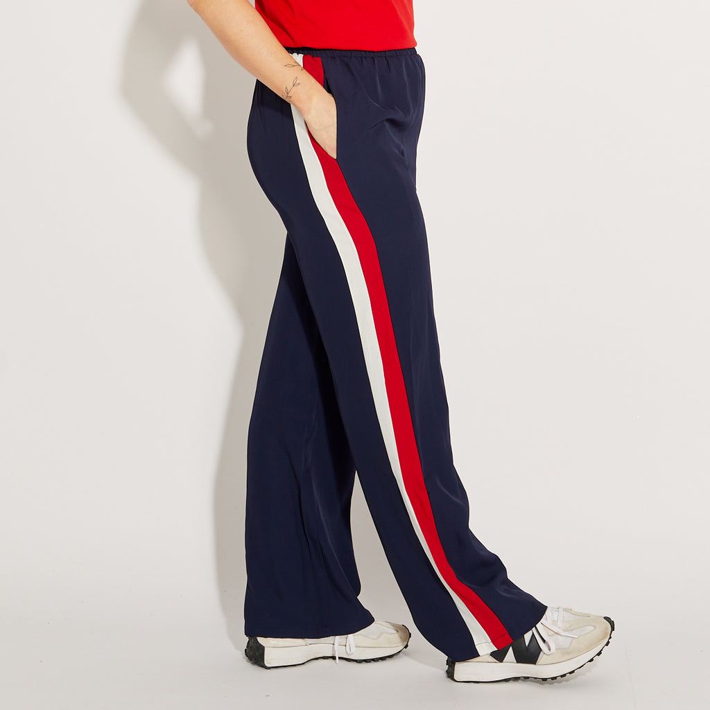 Navy Wide Leg Double Stripe Trousers