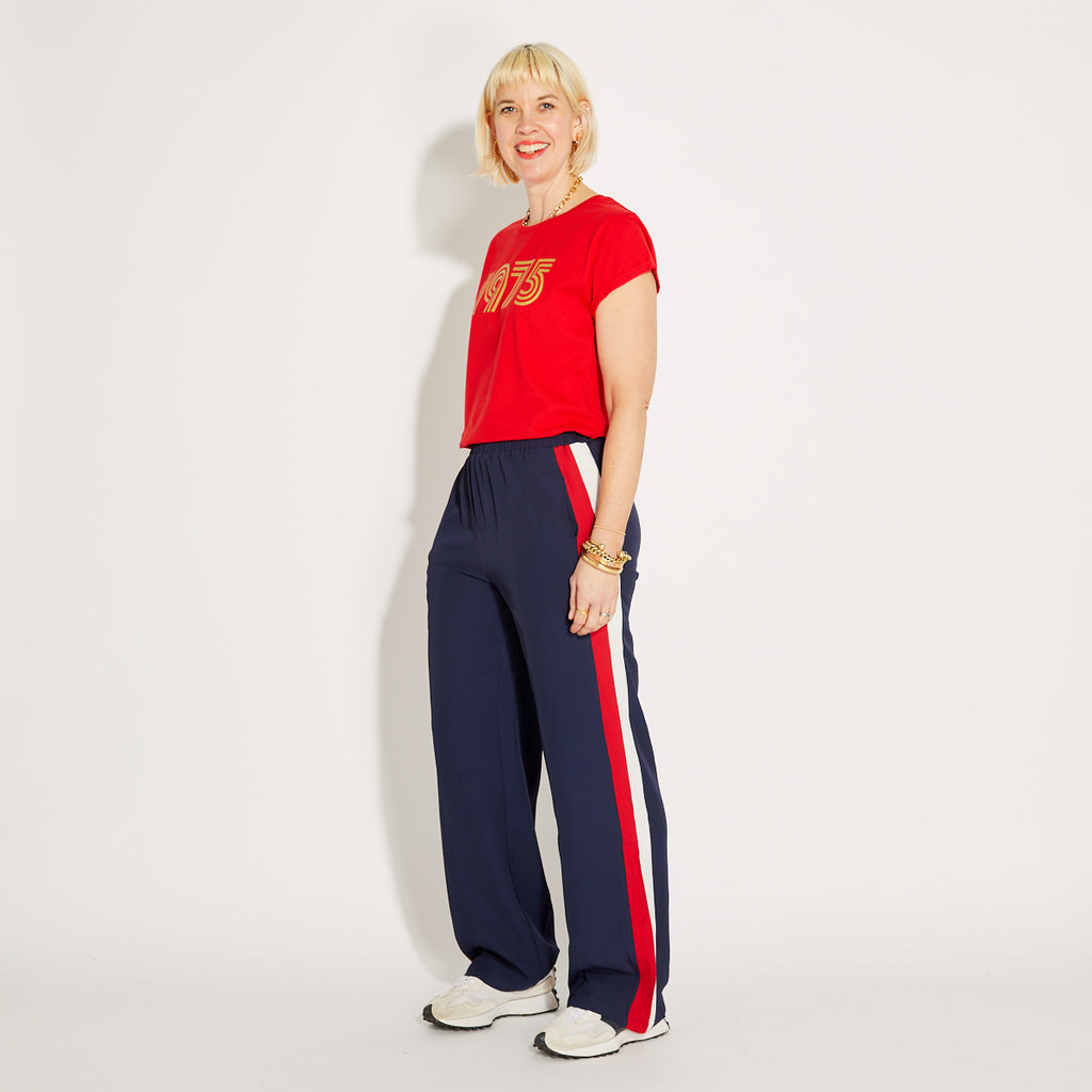 Navy Wide Leg Double Stripe Trousers