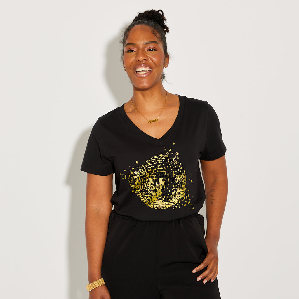 Disco Down V Neck Tshirt Black & Gold