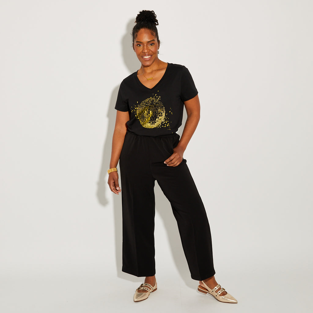 Disco Down V Neck Tshirt Black & Gold