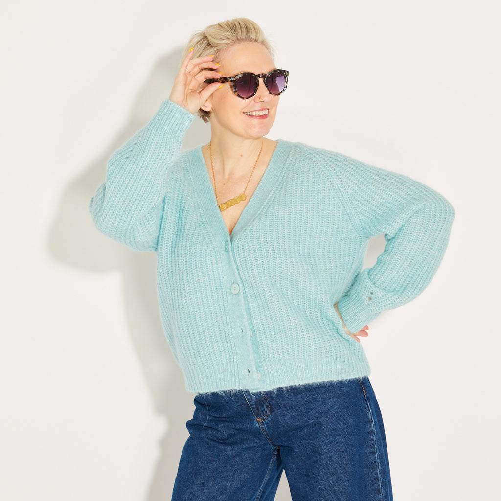 Pale Blue Knitted V Neck Cardigan